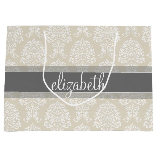 Gray en Linen  Damask Patroon met Naam Groot Cadeauzakje (Voorkant)