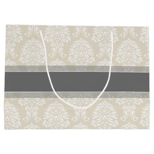 Gray en Linen Damask Patroon met Naam Groot Cadeauzakje (Achterkant)