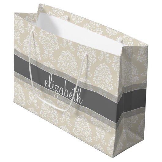Gray en Linen  Damask Patroon met Naam Groot Cadeauzakje (Voorkant Gekanteld)
