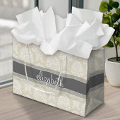 Gray en Linen  Damask Patroon met Naam Groot Cadeauzakje