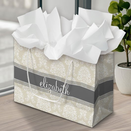 Gray en Linen  Damask Patroon met Naam Groot Cadeauzakje