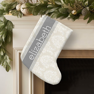 Gray en Linen  Damask Patroon met Naam Kleine Kerstsok