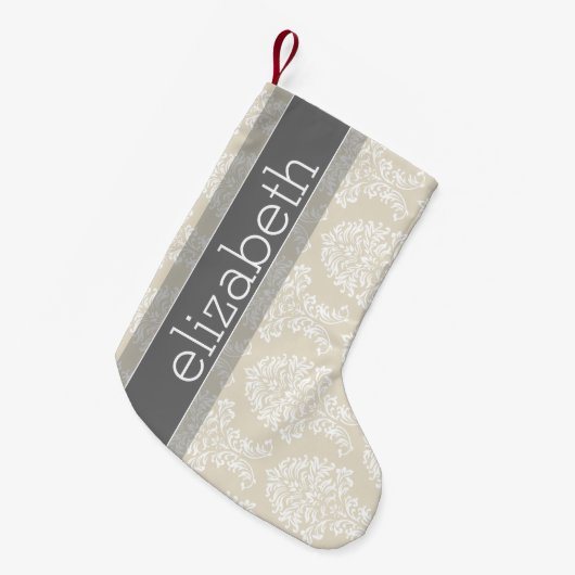 Gray en Linen  Damask Patroon met Naam Kleine Kerstsok (Voorkant (Hangend))