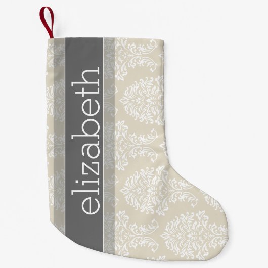 Gray en Linen  Damask Patroon met Naam Kleine Kerstsok (Voorkant)