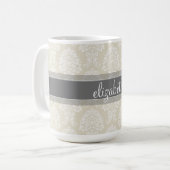 Gray en Linen  Damask Patroon met Naam Koffiemok (Voorkant links)