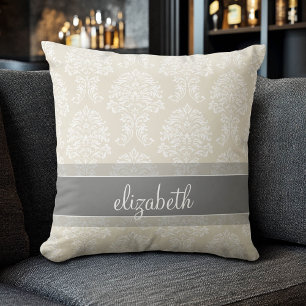 Gray en Linen  Damask Patroon met Naam Kussen