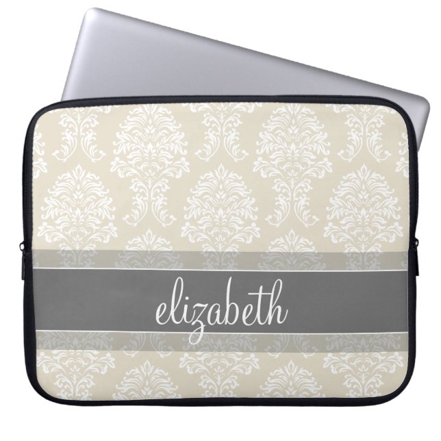 Gray en Linen  Damask Patroon met Naam Laptop Sleeve (Voorkant)