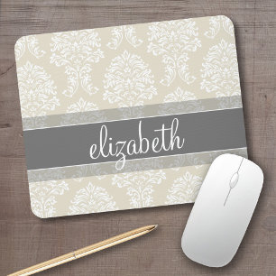 Gray en Linen  Damask Patroon met Naam Muismat