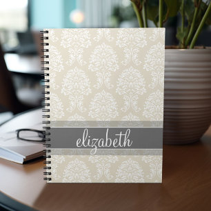 Gray en Linen Damask Patroon met Naam Notitieboek
