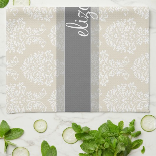 Gray en Linen Damask Patroon met Naam Theedoek (Gevouwen)