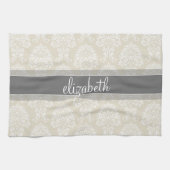 Gray en Linen  Damask Patroon met Naam Theedoek (Horizontaal)