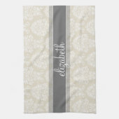 Gray en Linen  Damask Patroon met Naam Theedoek (Verticaal)