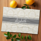 Gray en Linen Damask Patroon met Naam Theedoek