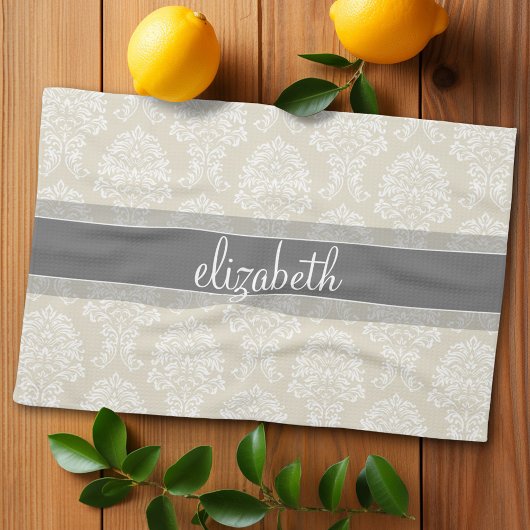 Gray en Linen  Damask Patroon met Naam Theedoek