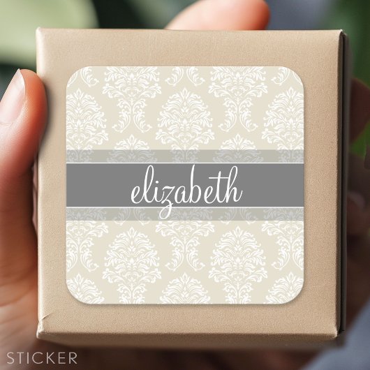 Gray en Linen  Damask Patroon met Naam Vierkante Sticker