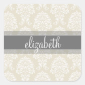 Gray en Linen  Damask Patroon met Naam Vierkante Sticker (Voorkant)