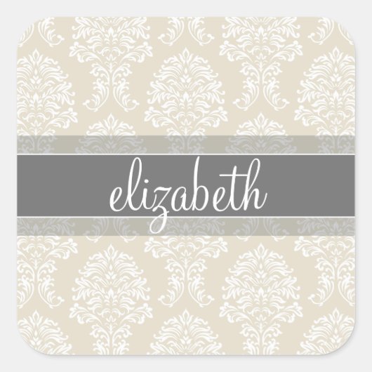 Gray en Linen  Damask Patroon met Naam Vierkante Sticker (Voorkant)