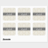 Gray en Linen  Damask Patroon met Naam Vierkante Sticker (Vel)