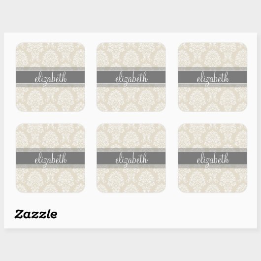 Gray en Linen  Damask Patroon met Naam Vierkante Sticker (Vel)