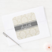 Gray en Linen  Damask Patroon met Naam Vierkante Sticker (Envelop)