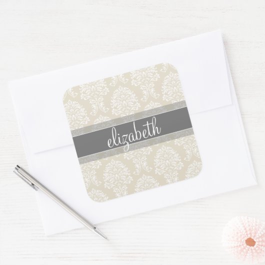 Gray en Linen  Damask Patroon met Naam Vierkante Sticker (Envelop)