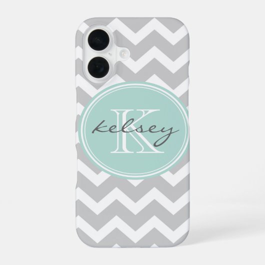 Gray en Mint Chevron Aangepast monogram iPhone 16 Hoesje (Achterkant)