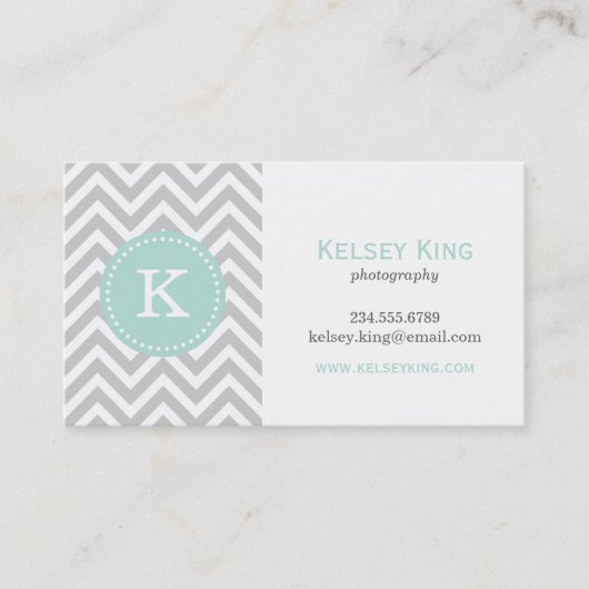 Gray en Mint Chevron Aangepast monogram Visitekaartje (Voorkant)