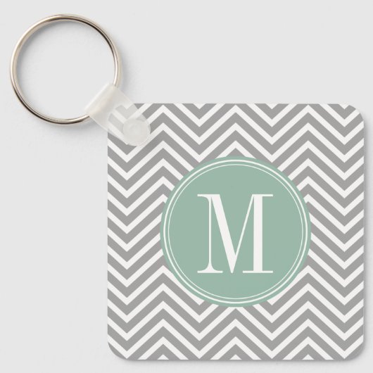 Gray en Mint Green Chevron Pattern met Monogram Sleutelhanger (Voorkant)