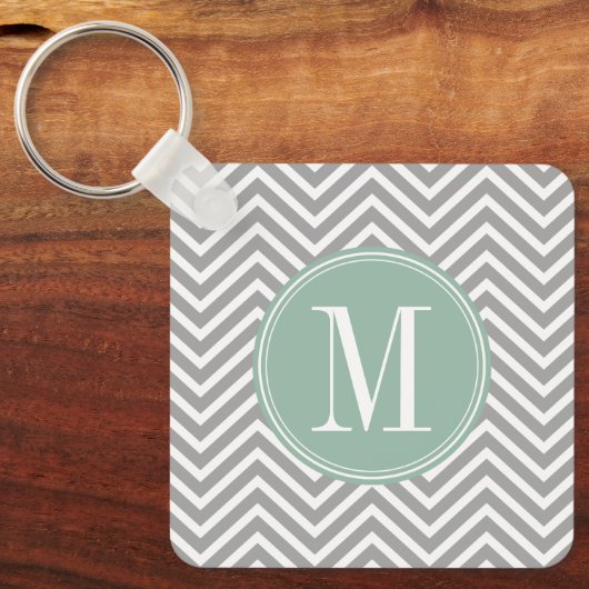 Gray en Mint Green Chevron Pattern met Monogram Sleutelhanger (Voorkant)