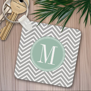 Gray en Mint Green Chevron Pattern met Monogram Sleutelhanger