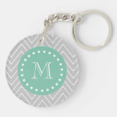 Gray en Mint Green Modern Chevron Monogram Sleutelhanger (Achterkant)