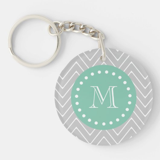 Gray en Mint Green Modern Chevron Monogram Sleutelhanger (Voorkant)