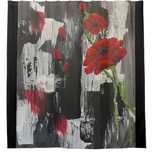 Gray en Red Poppy Roos Shower Curtain Douchegordijn (Voorkant)