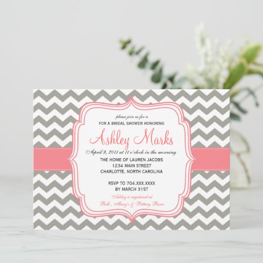 Gray en Roze Chevron Uitnodiging (Staand voorkant)