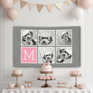 Gray en Roze instagram 5 Foto Collage Monogram Spandoek