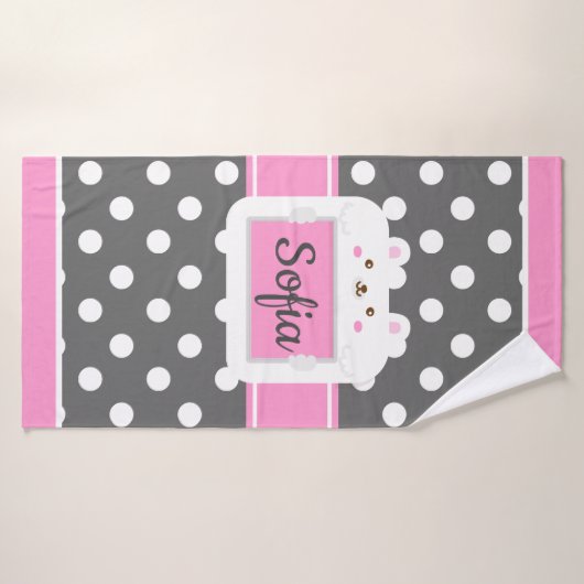 Gray en Roze poka Dots Kat Kinder Aangepaste handd Badhanddoek (Badhanddoek)