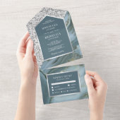 Gray en Silver Glitter Slate Blue Marble Wedding All In One Uitnodiging (Afscheurbaar)