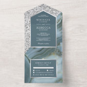 Gray en Silver Glitter Slate Blue Marble Wedding All In One Uitnodiging (Binnen)