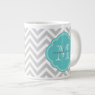 Gray en Turquoise Chevron Aangepast monogram Grote Koffiekop