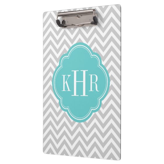 Gray en Turquoise Chevron Aangepast monogram Klembord (Links)