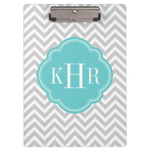 Gray en Turquoise Chevron Aangepast monogram Klembord