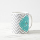 Gray en Turquoise Chevron Aangepast monogram Koffiemok (Voorkant rechts)