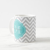 Gray en Turquoise Chevron Aangepast monogram Koffiemok (Voorkant links)