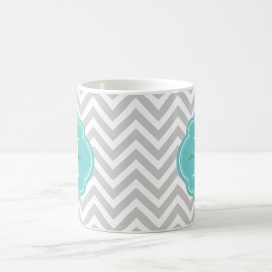 Gray en Turquoise Chevron Aangepast monogram Koffiemok (Center)