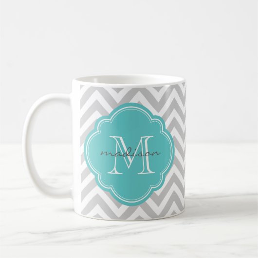 Gray en Turquoise Chevron Aangepast monogram Koffiemok (Links)