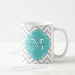 Gray en Turquoise Chevron Aangepast monogram Koffiemok