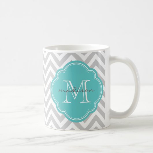 Gray en Turquoise Chevron Aangepast monogram Koffiemok (Rechts)