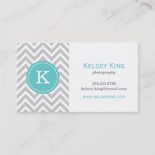 Gray en Turquoise Chevron Aangepast monogram Visitekaartje (Voorkant)