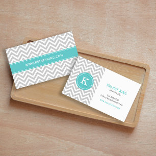 Gray en Turquoise Chevron Aangepast monogram Visitekaartje