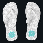 Gray en Turquoise Grieks sleutelmonogram Teenslippers<br><div class="desc">Aangepast gedrukte flip flop sandalen met een stijlvol,  modern Grieks sleutelpatroon en uw aangepast monogram of andere tekst in een cirkelvormige lijst. Klik aanpassen het om tekstdoopvonten en kleuren te veranderen of uw eigen afbeeldingen toe te voegen om unieke één van een soortontwerp te creëer!</div>